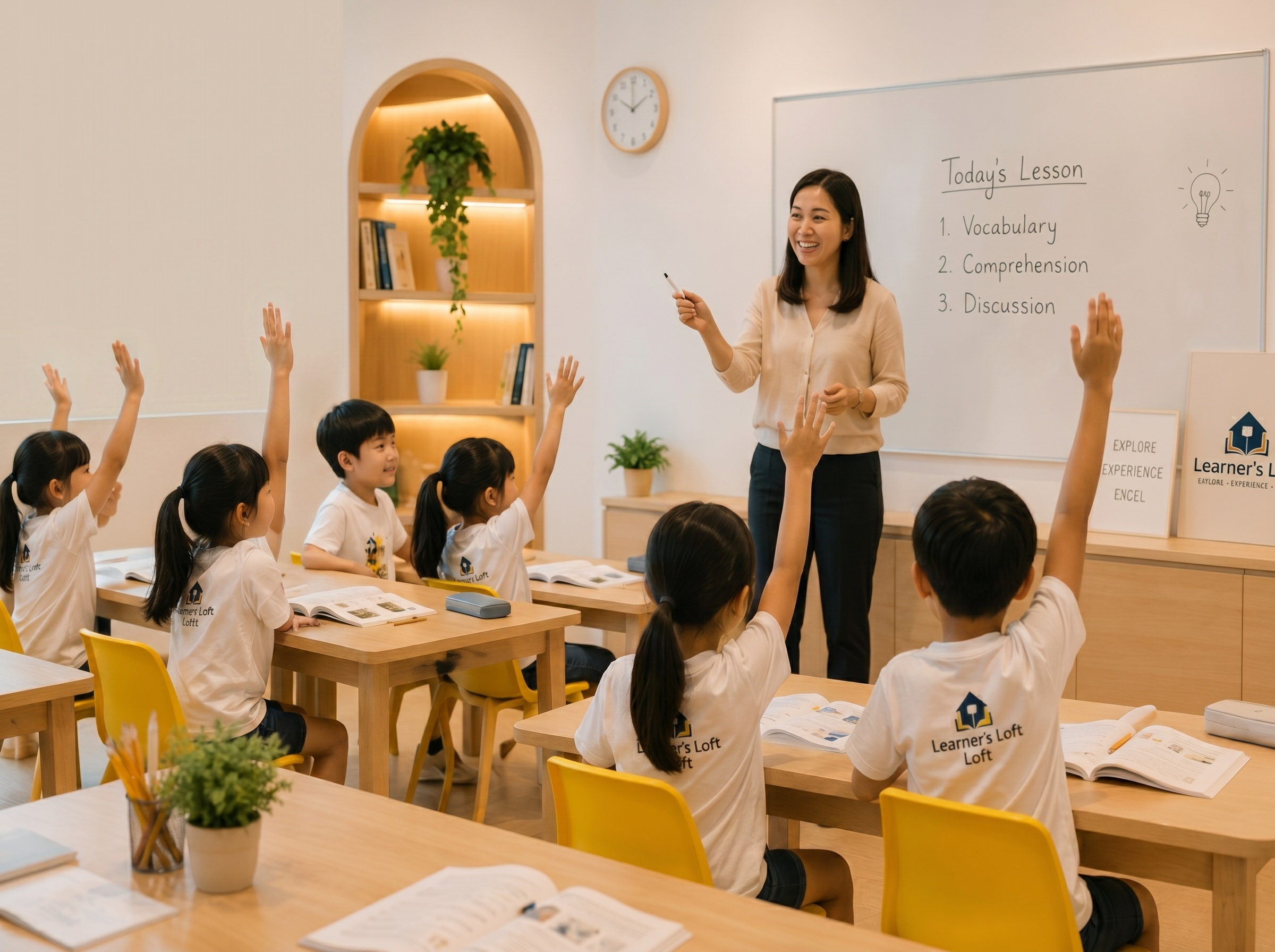 Students engaged in discussion and raising their hands during a lesson
