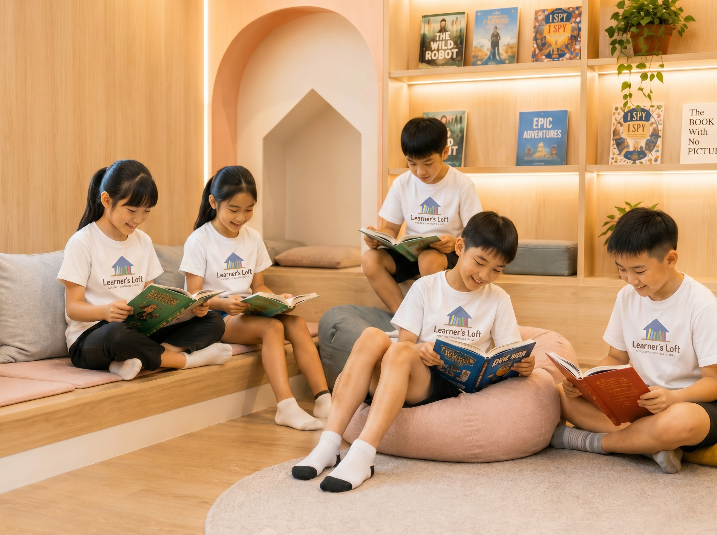 Primary 1 to 2 students reading in a cozy reading corner